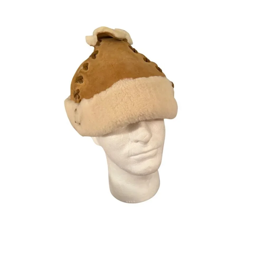 Mongolian Unisex Warm Hat One Size Tan Sheepskin Fur Pom-Pom Unique Winter